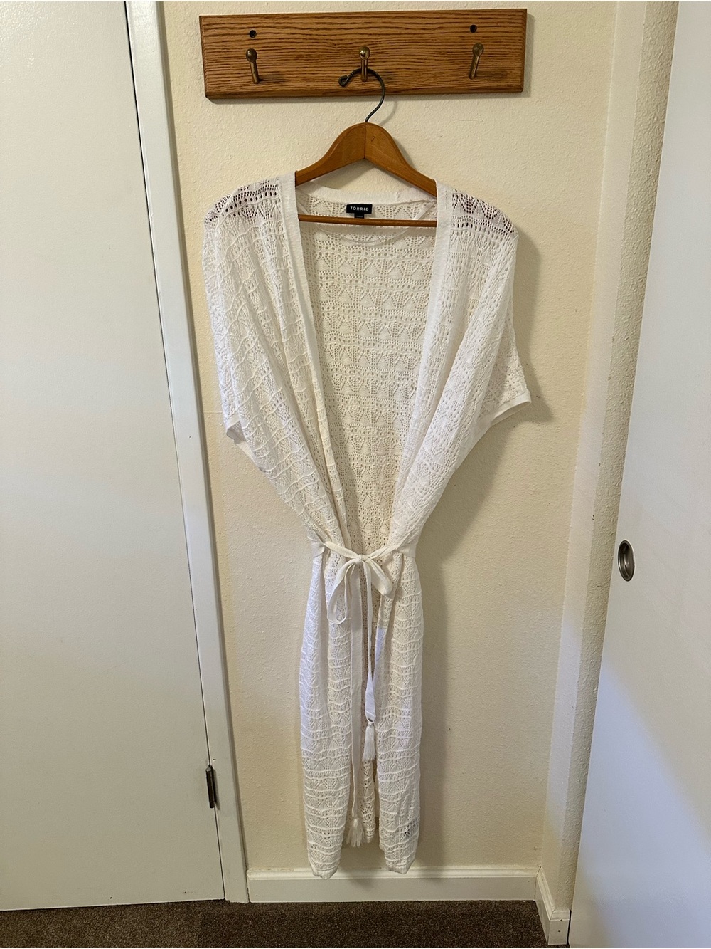torrid White Crochet Kimono Robe with Tie